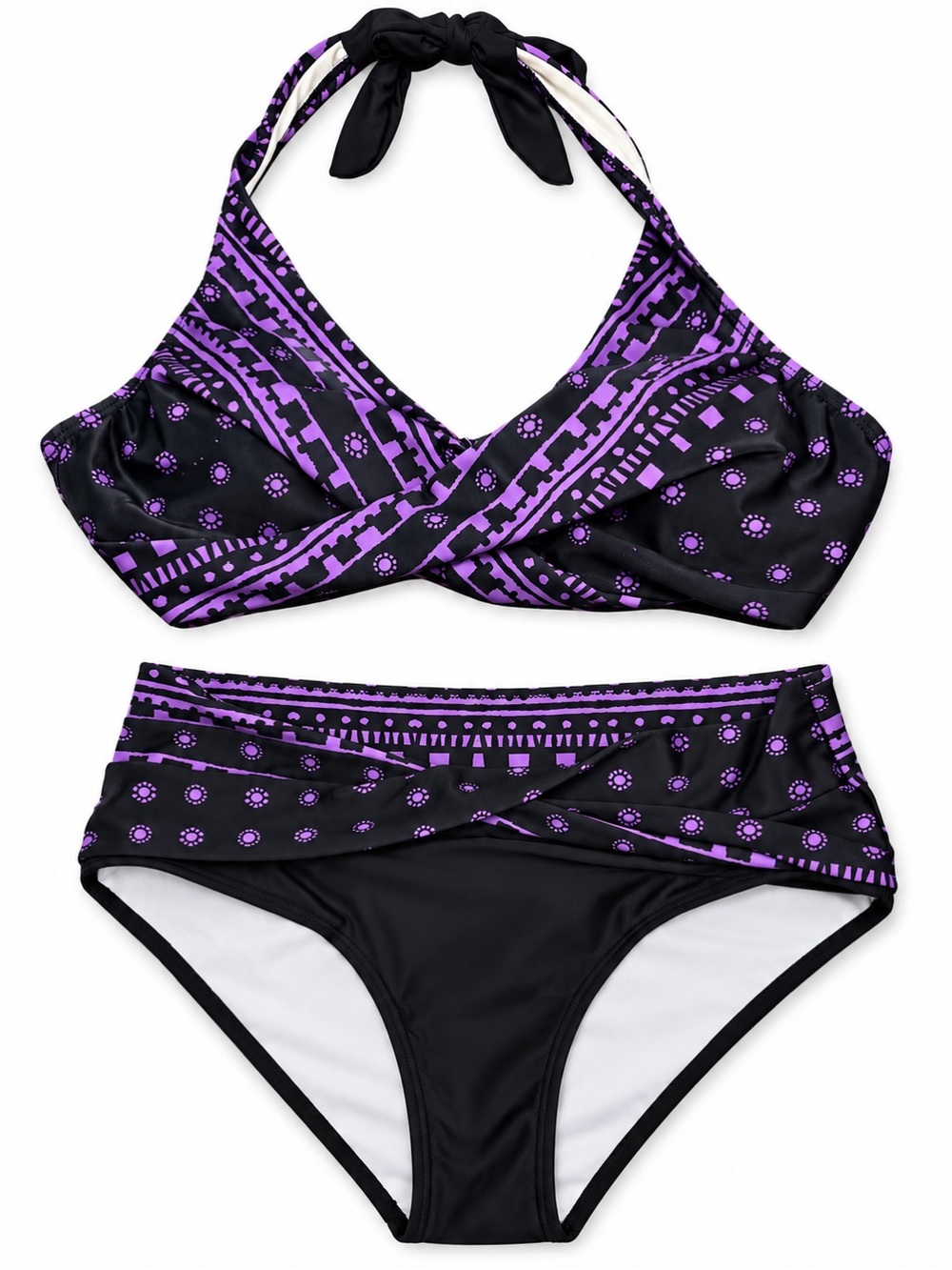 Black & Purple Patterned Two-Piece Bikini Set